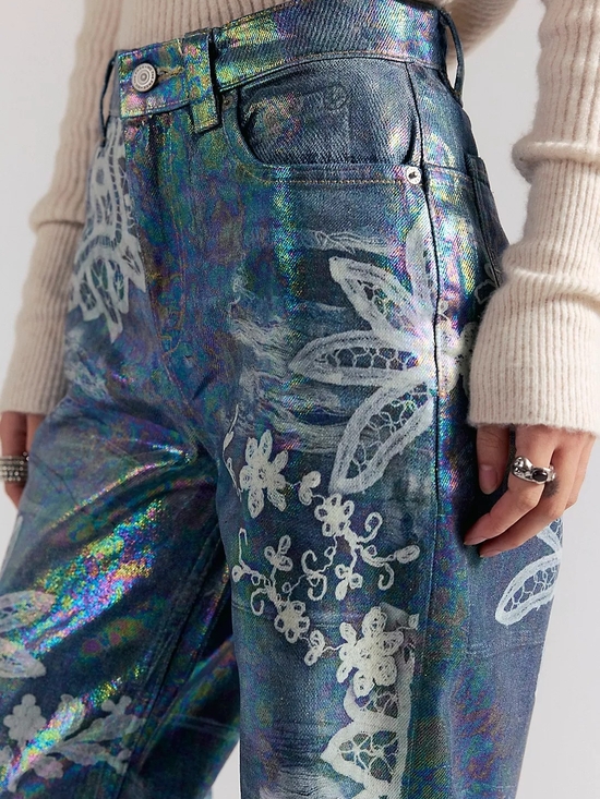 Free People Denim - We The Free Tinsley Printed High-Rise Illusions Jeans-Lace Luster